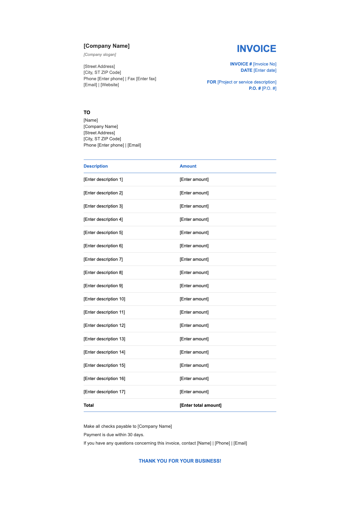Service invoice - Professional service invoice template for itemized billing with a clean, printer-optimized layout and space for contact details, payment terms, and...